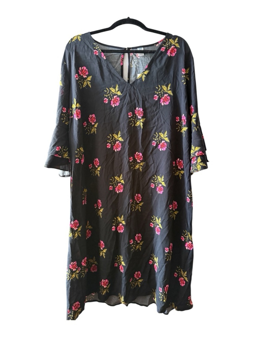 Old Navy Black Floral V-Neck Dress with Pink and Yellow Blooms - XXL - NWT